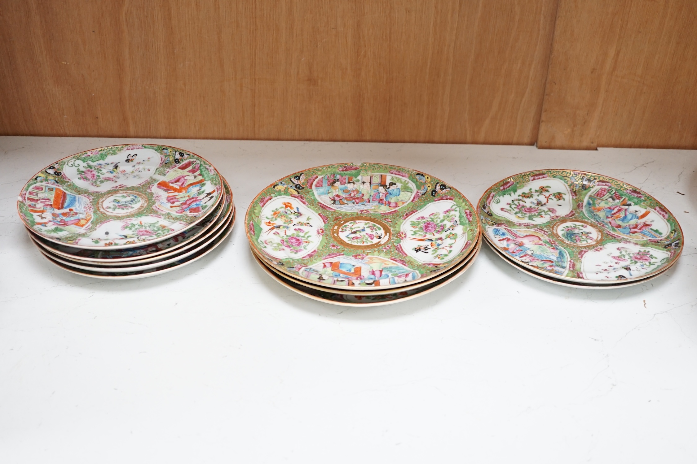 A group of Chinese famille rose dessert plates and dishes, and a mug, all Daoguang period (1821-50), mug